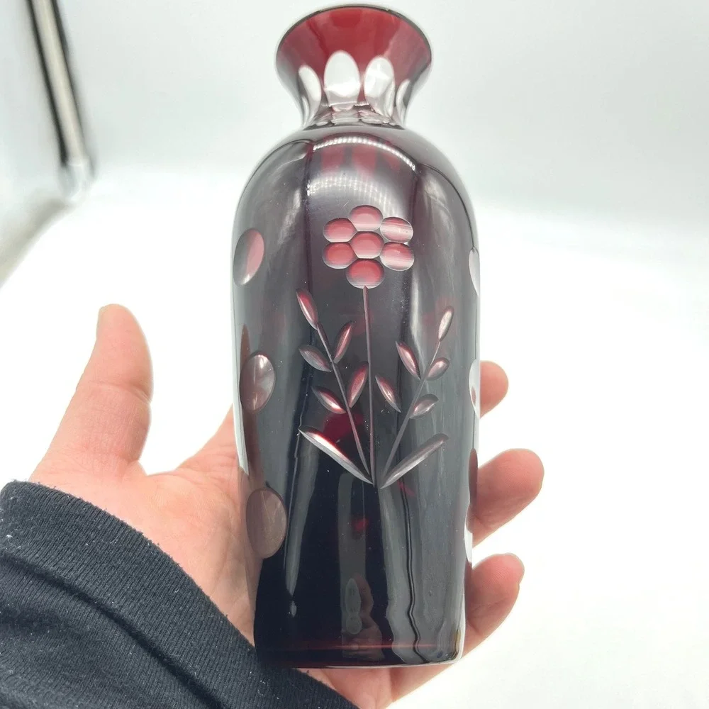 Vintage Bohemian Ruby Red Cut to Clear‎ Floral Glass Vase 7 Inch Cranberry